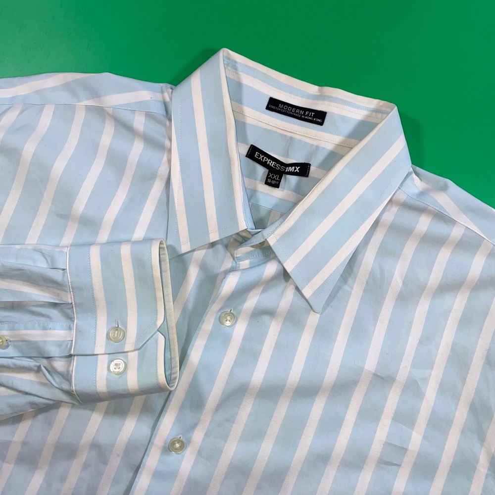 Express‎ Mens Modern Fit Light Blue White Striped Button Down Dress Shirt XXL